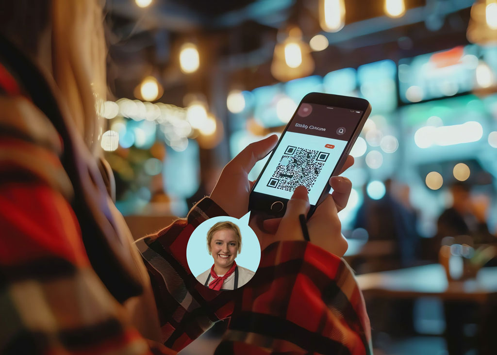 woman holding smartphone qr code