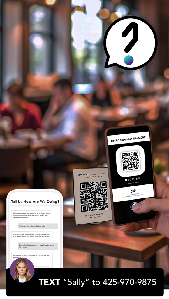 In-store Experience 4 photo graphic image of an interior of a restaurant with people at the table in the background. In the foreground, a phone scanning QR code, graphic of QR code, chat messages on a mobile screen, Product Genius software App widget icon, and text message.